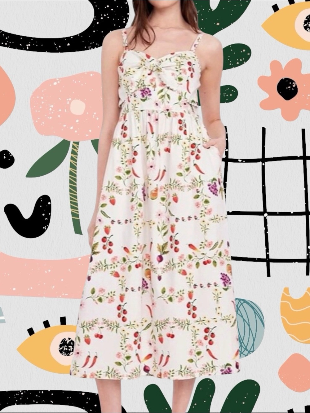 Old Navy | White Fruits and Veggies Floral Garden Print Knot Front Midi Dress